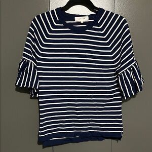 John & Jenn Navy and White Striped Blouse with Ruffle Sleeves